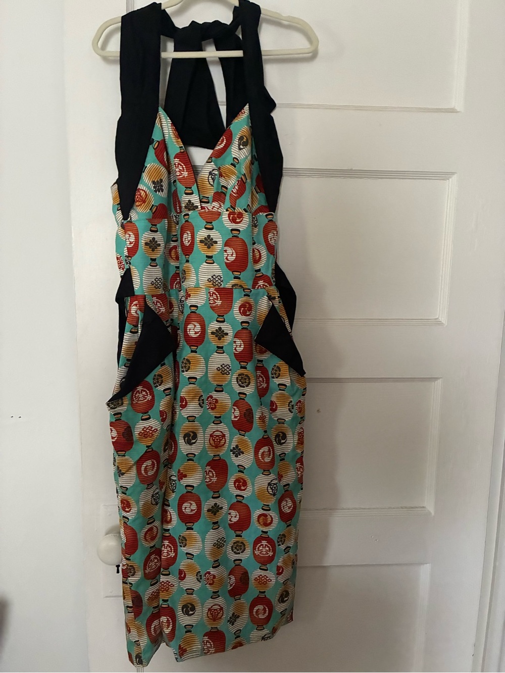 Asymmetrical Halter Dress with Teal and Red Lantern Print